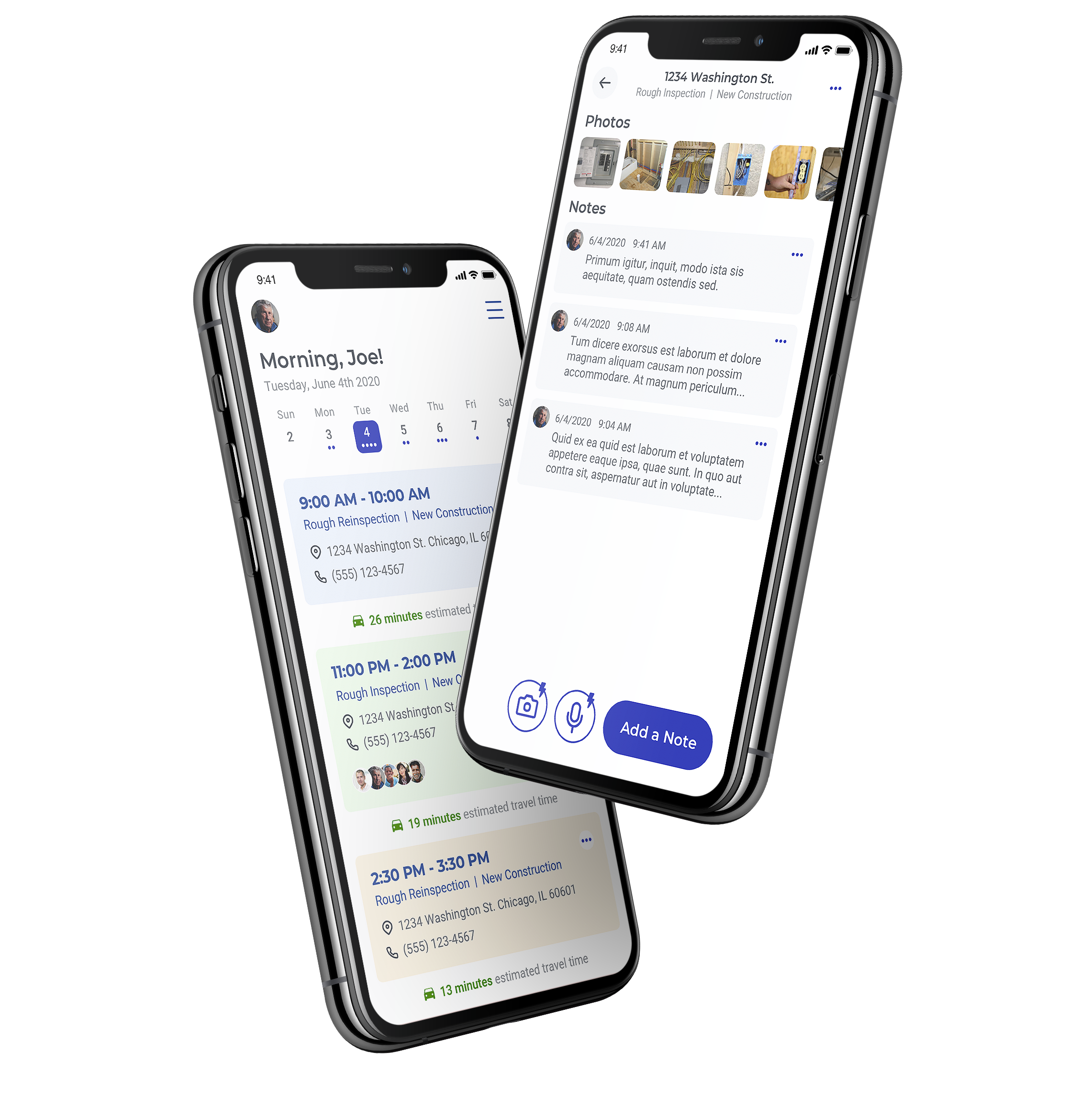 Two phones showing a field inspections app